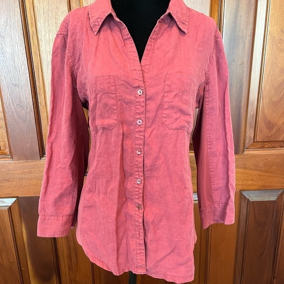 Eileen Fisher Womens Irish Linen Button-Up Shirt Coral Roll-Tab Sleeves Sz M - Picture 1 of 10